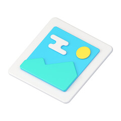 Picture 3d realistic icon. Abstract picture with green hills and yellow sun