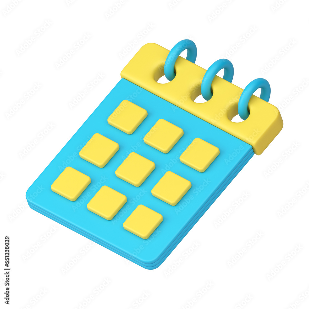 Poster desktop organizer 3d icon. yellow and blue calendar page with cells for dates and notes