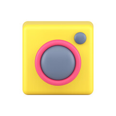 Photo camera 3d icon. Volumetric yellow gadget with lens and buttons