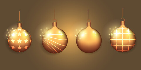 Set gold Christmas ball and transparent glass isolated on white background. Collection different Christmas ball template. New year toy decoration.