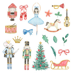 Watercolor Nutcracker Christmas set, ballerina, soldier, mouse king and toys