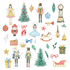 Obraz na płótnie Canvas Watercolor Nutcracker Christmas set, ballerina, soldier, mouse king and toys