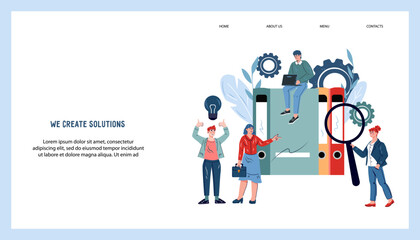 Website mockup on business team and partnership topic with characters, flat vector illustration. Business concept of collaboration and success.