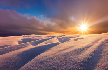 Fototapeta na wymiar 雪に覆われた平原、夕焼け