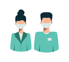 Doctor sticker icon in green mint shape. Man and woman doctor in flat style. Vector graphics