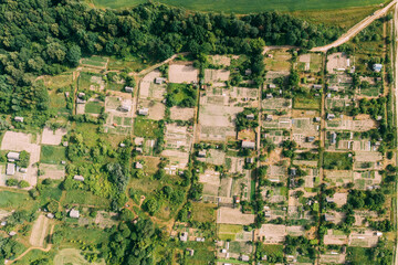 Small European City. Aerial View Of Town Village Cityscape Skyline In Summer Sunny Morning....