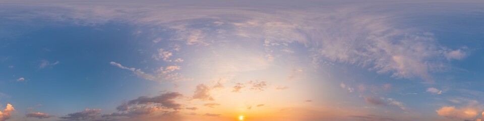 Panorama of a dark blue sunset sky with pink Cirrus clouds. Seamless hdr 360 panorama in spherical...