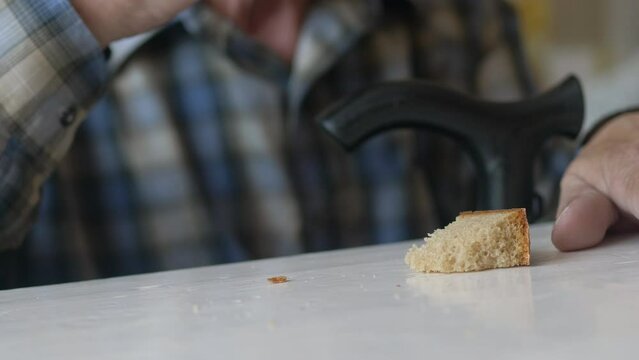 close-up of a piece of bread and crumbs on the table an old man eats up. selective focus. a pensioner is starving, begging in old age, low pension, high taxes