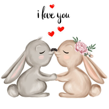 Two rabbits kissing couple. I love you greeting card