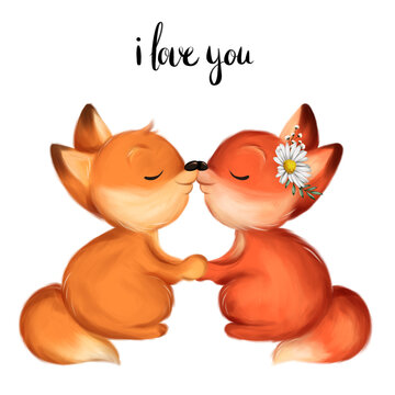 Two foxes kissing couple. I love you greeting card