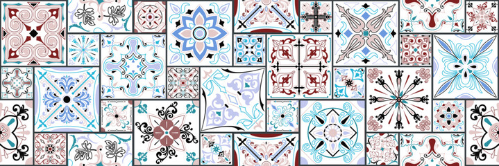 Luxury oriental tile seamless pattern. Colorful floral patchwork background. Mandala, boho chic style. Rich flower ornament. Hexagon design elements. Portuguese Moroccan motif. Unusual flourish print