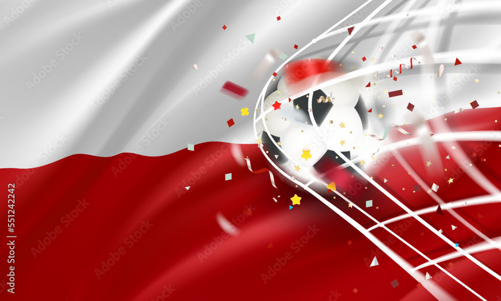 Poster The ball in the soccer net. Goal vector concept with flag of Poland. 3d vector banner with blur effect