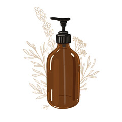 Brown glass pump bottle vector illustration. Beauty product glass jar with floral doodles.  - 551242210
