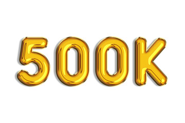 500 or five hundred. Banner, realistic 3d gold helium balloons, logo. Numbers isolated on white. Lettering. Graphic font, shiny text. Illustration for Social Network friends, followers, likes.