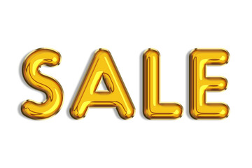 Sale. Banner of realistic 3d gold helium balloons, logo golden color. Word isolated on white background. Graphic font, text. Colorful letter. Lettering. The message on selling poster. Ads, shopping