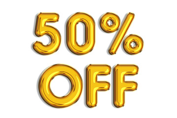 50% off discount promotion sale made of realistic 3d gold helium balloons. Illustration of golden percent symbol for selling poster, banner, ads, shopping concept. Numbers isolated on white background