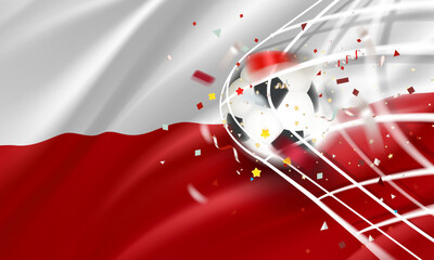 The ball in the soccer net. Goal vector concept with flag of Poland. 3d vector banner with blur effect