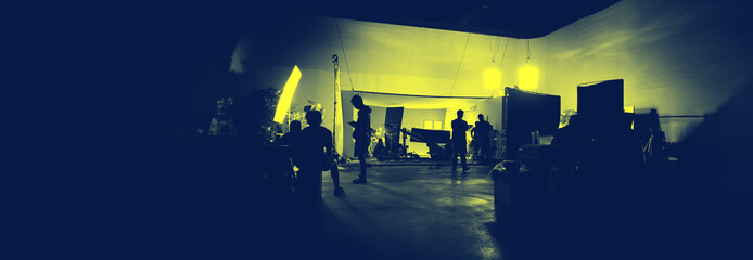 Behind the scenes of shooting video production and lighting set for filming movie which film crew...