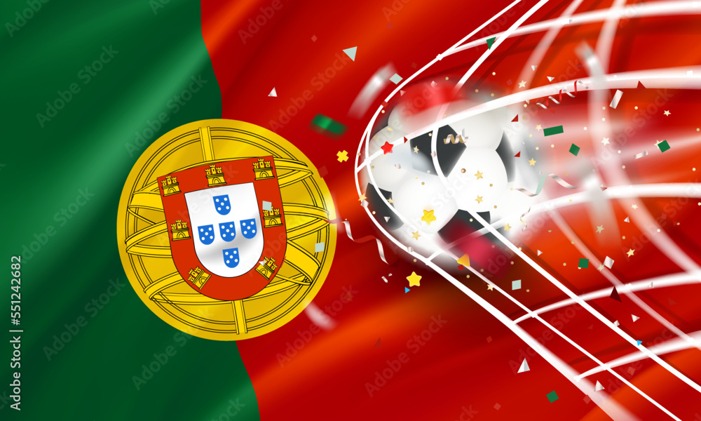 Poster The ball in the soccer net. Goal vector concept with flag of Portugal. 3d vector banner with blur effect