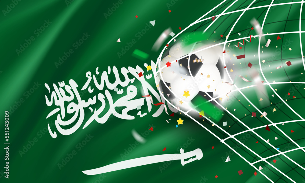 Poster the ball in the soccer net. goal vector concept with flag of saudi arabia.3d vector banner with blur