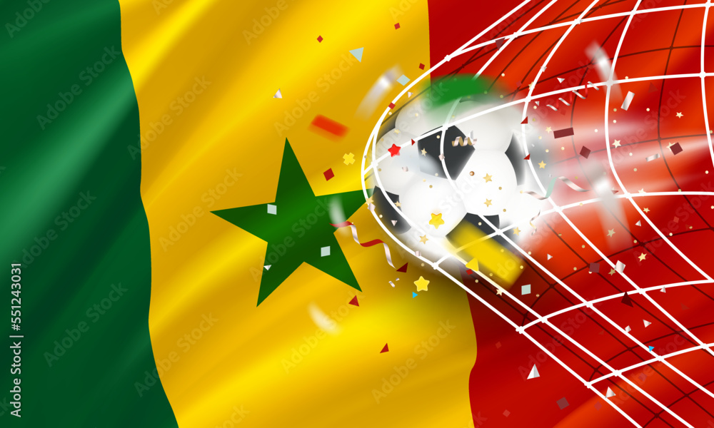 Poster The ball in the soccer net. Goal vector concept with flag of Senegal. 3d vector banner with blur effect