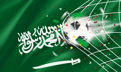 The ball in the soccer net. Goal vector concept with flag of Saudi Arabia.3d vector banner with blur effect