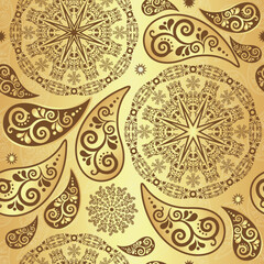 Seamless golden pattern with vintage paisley and mandala. Vector 