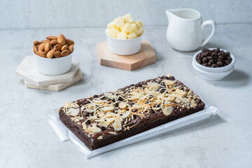 a chocolate brownies on white background, homemade bakery and dessert. Bakery, confectionery concept