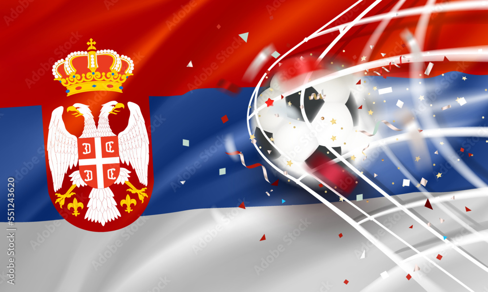 Poster The ball in the soccer net. Goal vector concept with flag of Serbia. 3d vector banner with blur effect