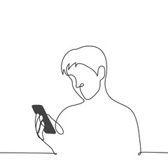 man holding the phone with one hand and looking at the screen - one line drawing vector. concept internet addiction, phone addiction