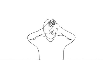 man crossed his palms and looks through the small space between them - one line drawing vector. concept be able to focus, be focused, attentive to details