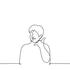 man smiling makes hand gesture - call me, one line drawing vector. concept flirting, pickup