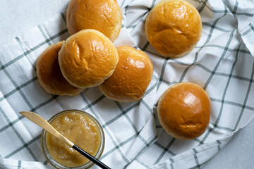 a close up of buns with srikaya jam taken from flatlay angle