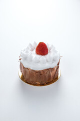 Strawberry cake, strawberry sponge cake with fresh strawberries and sour cream on a white background
