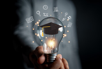 E-learning graduate certificate program concept. man hands showing graduation hat, Internet education course degree, study knowledge to creative thinking idea and problem solving solution - obrazy, fototapety, plakaty