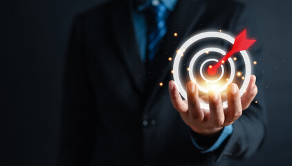 Businessman showing business target planning development leadership and customer target group,...