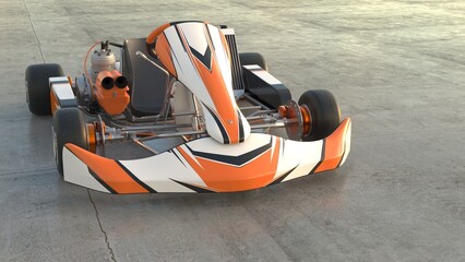 3D Rendered Illustration of a shifter style Go Kart on concrete.  Tire Logos are Fictitious and translate to fast wheel from Latin.