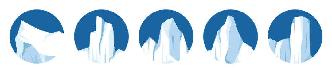 Floating icebergs collection. Drifting arctic glacier, block of frozen ocean water. Icy mountains with snow. Melting ice peak. Antarctic snowy landscape. South and North Pole. Vector illustration.