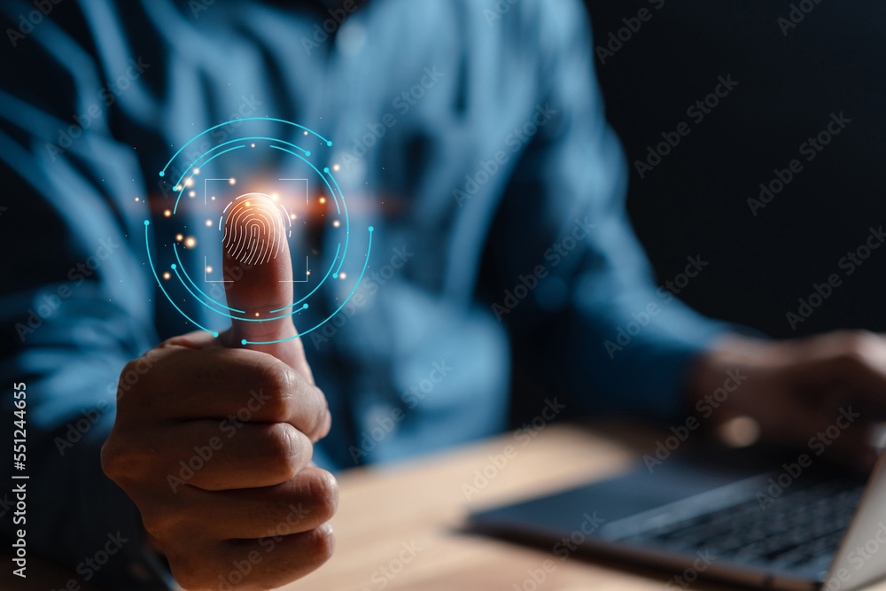 Poster Futuristic digital processing of biometric identification fingerprint scanner. concept of surveillance and security scanning of digital programs cyber futuristic applications