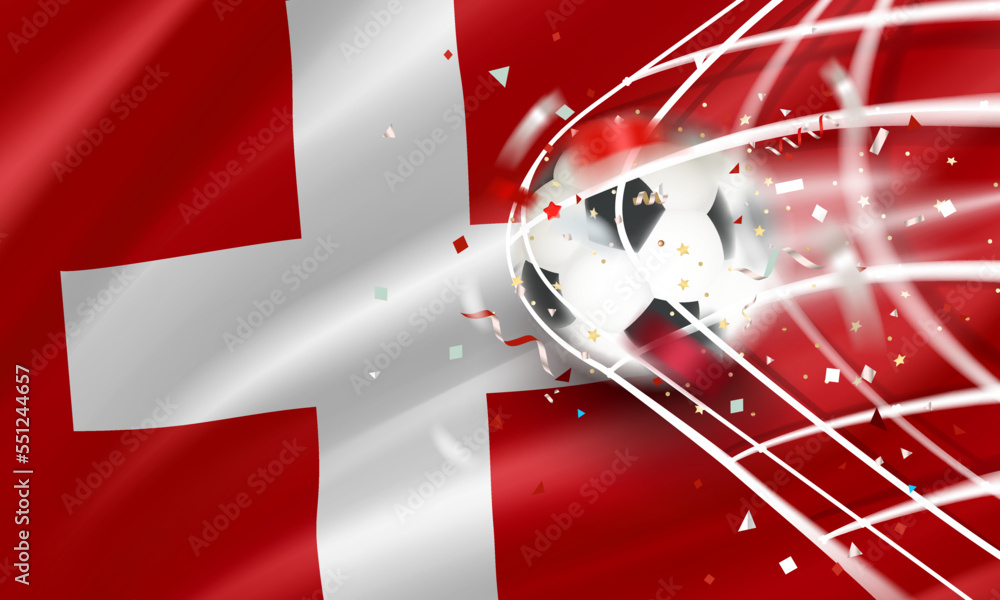 Poster The ball in the soccer net. Goal vector concept with flag of Switzerland. 3d vector banner with blur effect