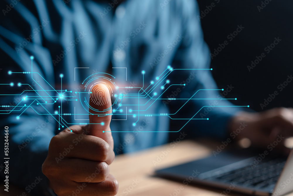 Poster Futuristic digital processing of biometric identification fingerprint scanner. concept of surveillance and security scanning of digital programs cyber futuristic applications