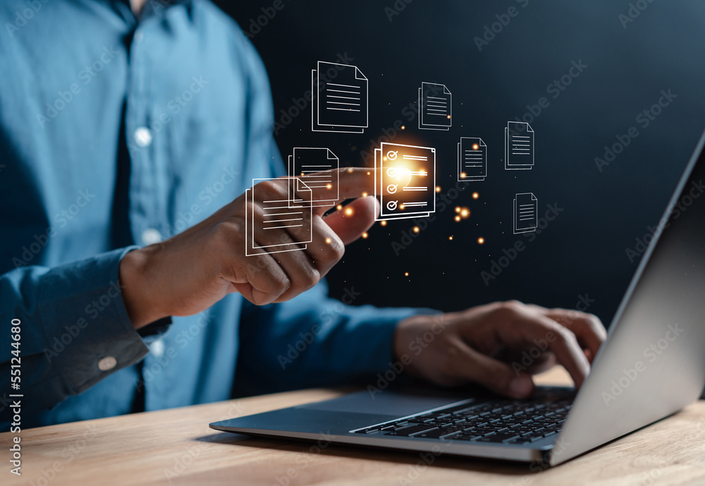 Poster Document Management System, online documentation database and process automation to efficiently manage files, knowledge and documentation in enterprise with ERP. Corporate business technology, DMS