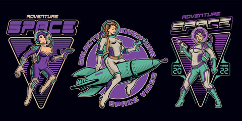 Set of vintage pin up girls astronauts, these illustrations can be used as t shirt prints