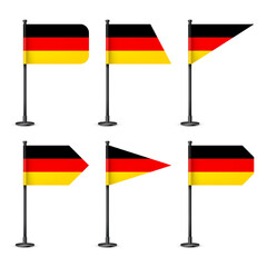 Realistic various German table flags on a black steel pole. Souvenir from Germany. Desk flag made of paper or fabric, shiny metal stand. Mockup for promotion and advertising. Vector illustration
