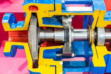 Close up cross section present detail component inside centrifugal pump for industrial such as vane...