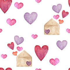 Fototapeta premium Watercolor hand drawn seamless pattern of red and purple hearts, envelopes for Valentine's day. Isolated on white background. Design for paper, love, greeting cards, textile, print, wallpaper, wedding