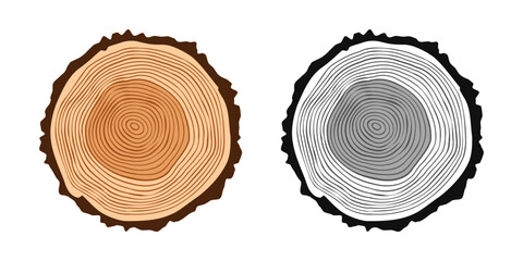Round tree trunk cuts in various colors, sawn pine or oak slices, lumber. Saw cut timber, wood. Brown wooden texture with tree rings. Hand drawn sketch. Vector illustration