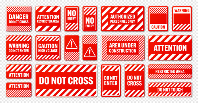 Various white and red warning signs with diagonal lines. Attention, danger or caution sign, construction site signage. Realistic notice signboard, warning banner, road shield. Vector illustration