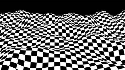 The optical wave of the chessboard. Abstract black and white 3D illusion. Distorted black lines. Broken patterns. Vector illustration. EPS1