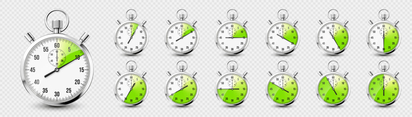 Realistic classic stopwatch icons. Shiny metal chronometer time counter with dial. Green countdown timer showing minutes and seconds. Time measurement for sport, start and finish. Vector illustration